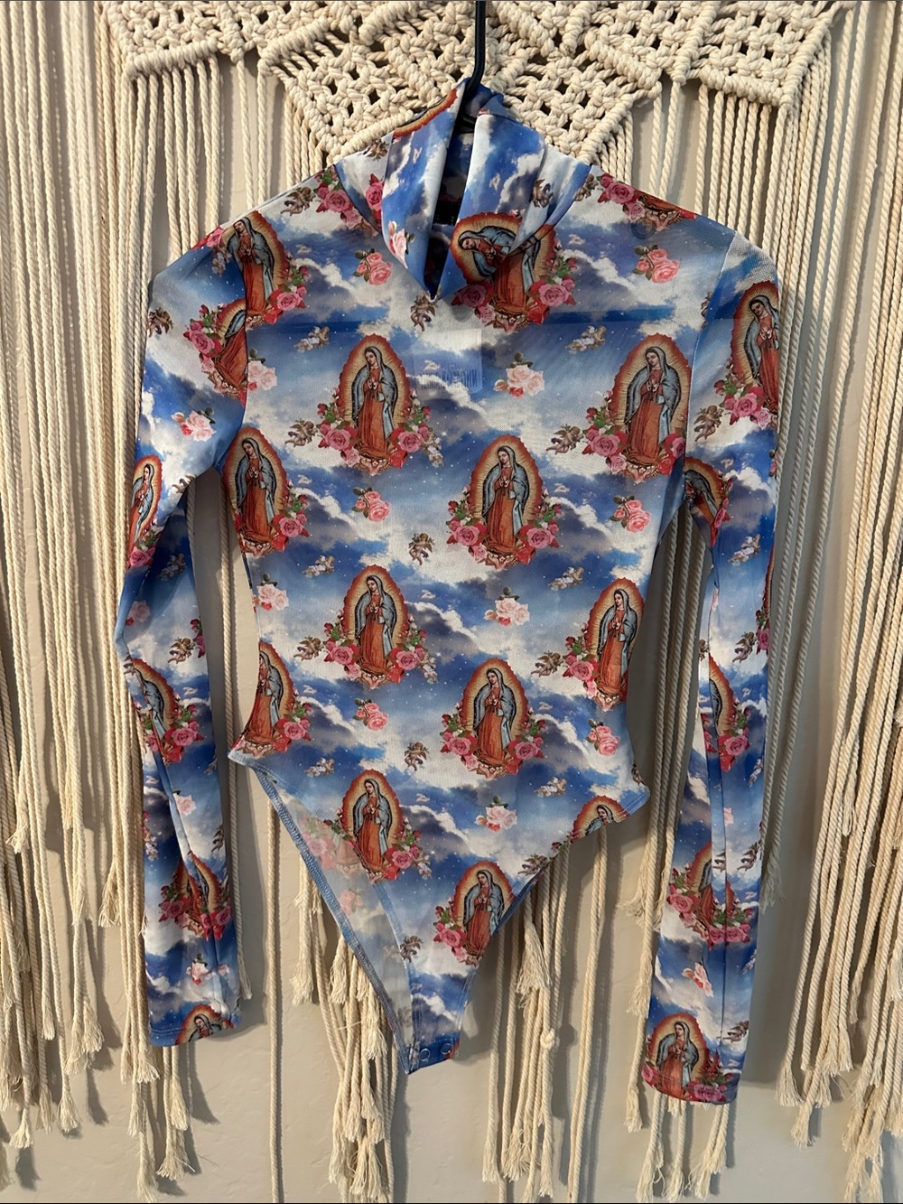 Forever 21 Blue Virgen de Guadalupe Print Long-Sleeve Bodysuit